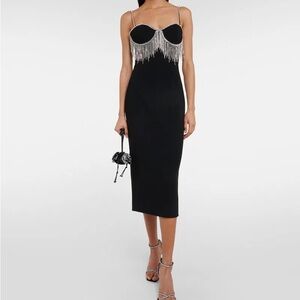 Rebecca Vallance Black Midi Dress with Silver Fringe